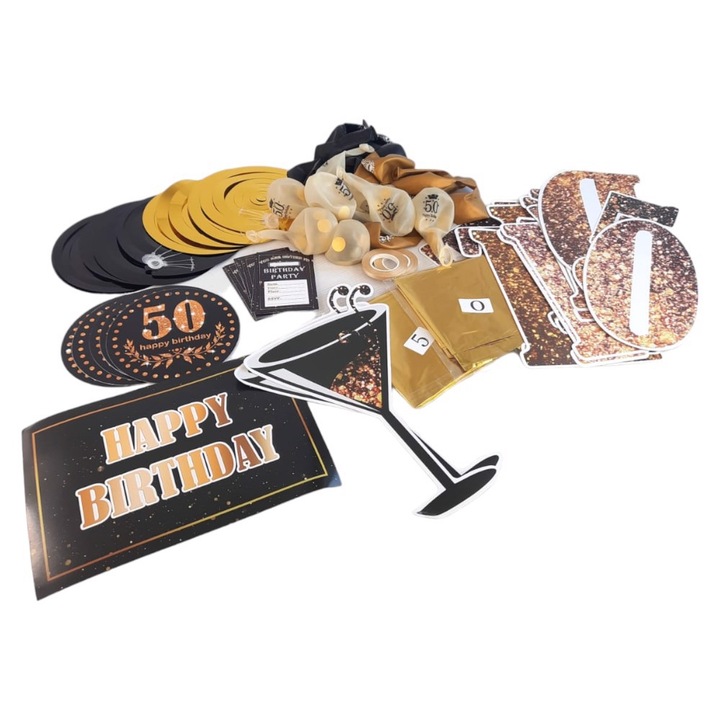 Dekorációs lufikészlet, AAMAZON, 50 év, fekete-arany, 3 féle lufi, parti kiegészítők