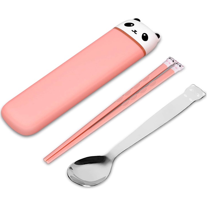Комплект преносими прибори за хранене JinZu, 1 чифт клечки за хранене, 1 лъжица, розови, 21.8x5.5 см
