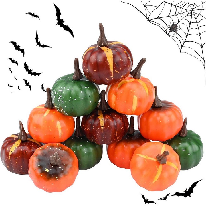 Set 12 mini dovleci decorativi din spuma, AAMAZON, multicolor, pentru decorare Halloween si toamna