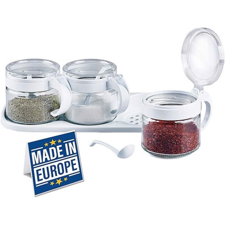 Set 3 recipiente pentru condimente CRYSTALIA, sticla fara plumb, capac din plastic, 29,2x13x12cm