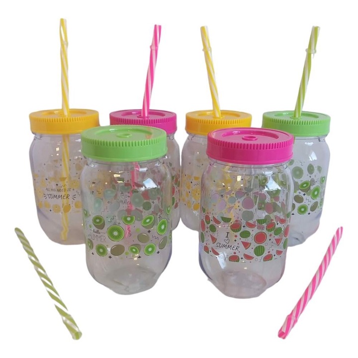 Set 6 borcane cu capac si pai, AAMAZON, 480ml, multicolor