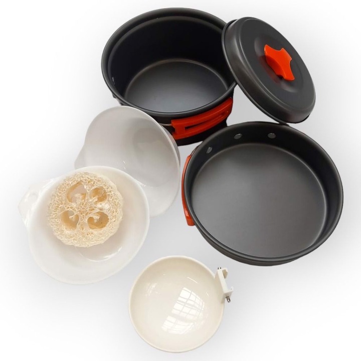 Set de vase camping, Hewolf, aluminiu, 7 piese, grafit, pentru 1-2 persoane