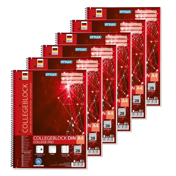 Set 6 caiete A4, 80 pagini, hartie fara lemn, cu spirala, colorat in carouri, 29,7x22,5x1,5cm