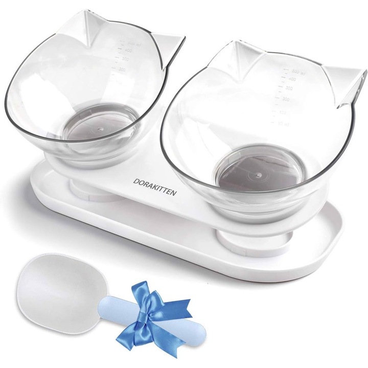 Set de 2 castroane pentru pisici cu suport si lingura, Dorakitten, 27x13,5cm, 2x500ml
