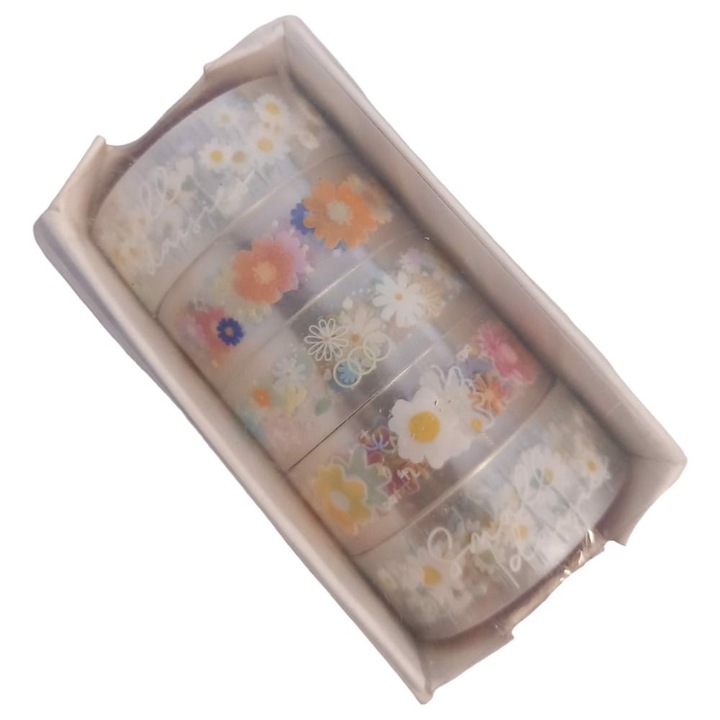 Banda decorativa dublu strat, 5 buc. model flori, 1,5 cm x 2 m, multicolor