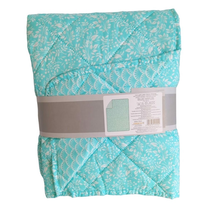 Cuvertura pentru pat, Wolly & co., 130x180cm, microfibra, model cu flori albe si scoici, verde menta, doua fete