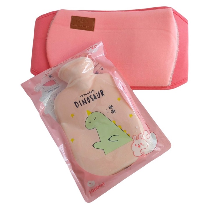 Sticla de apa calda din cauciuc, cu husa de plus pentru centura, roz