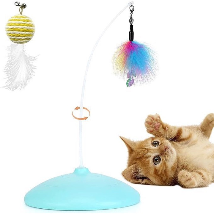 Jucarie interactiva electrica pentru pisici, Amazon, rotire 360°, accesorii cu pene si mingi, multicolor
