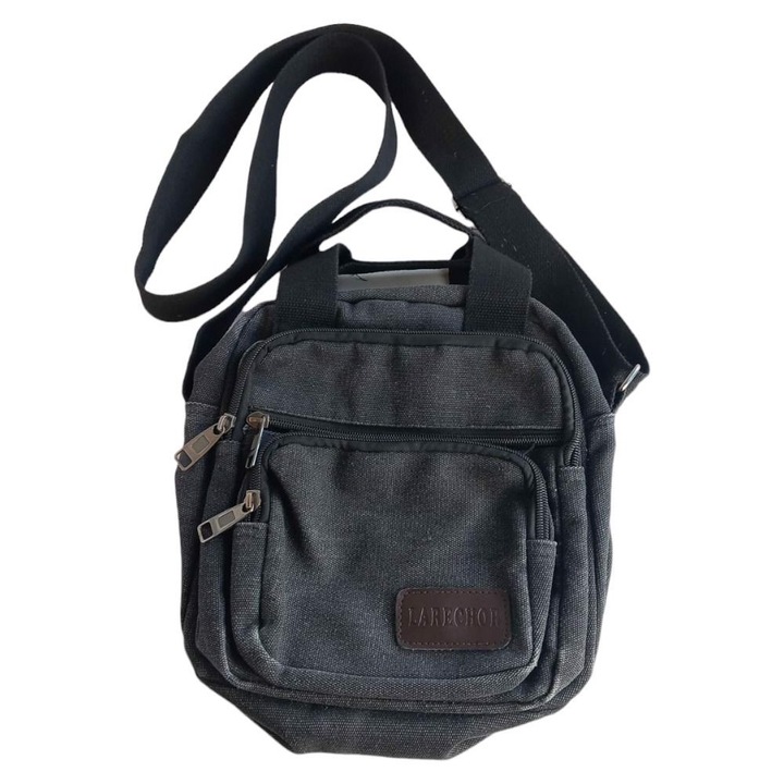 Férfi válltáska, LaRechor, több zsebbel, pamut, szürke, 24x23cm