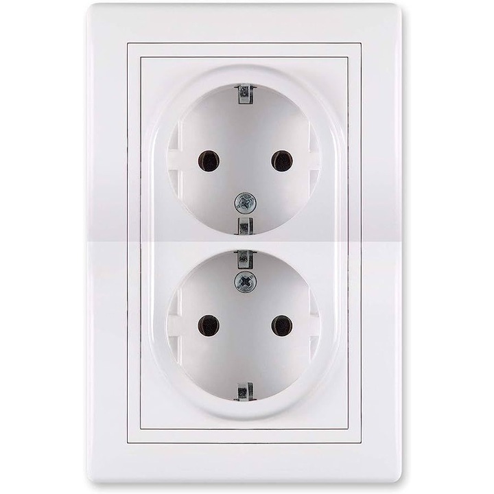 Priză dublă ALING-CONEL, 16A, alb, set complet cu ramă, 12x8x4,3cm