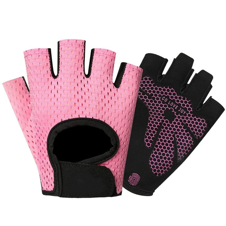 Manusi de fitness si antrenament, SINBINTA, Manusi fara degete, Cu protectie palma, Respirabile si comfortabile, Jumatate de deget si design antiderapant, Cu velcro adeziv, Microfibra, Marime S, Roz