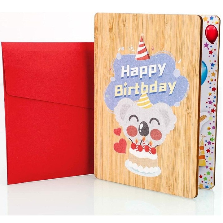Karta de felicitare din bambus cu loc pentru urari, set cu 1 karta si 1 envelopa rosie, 22,2x15cm