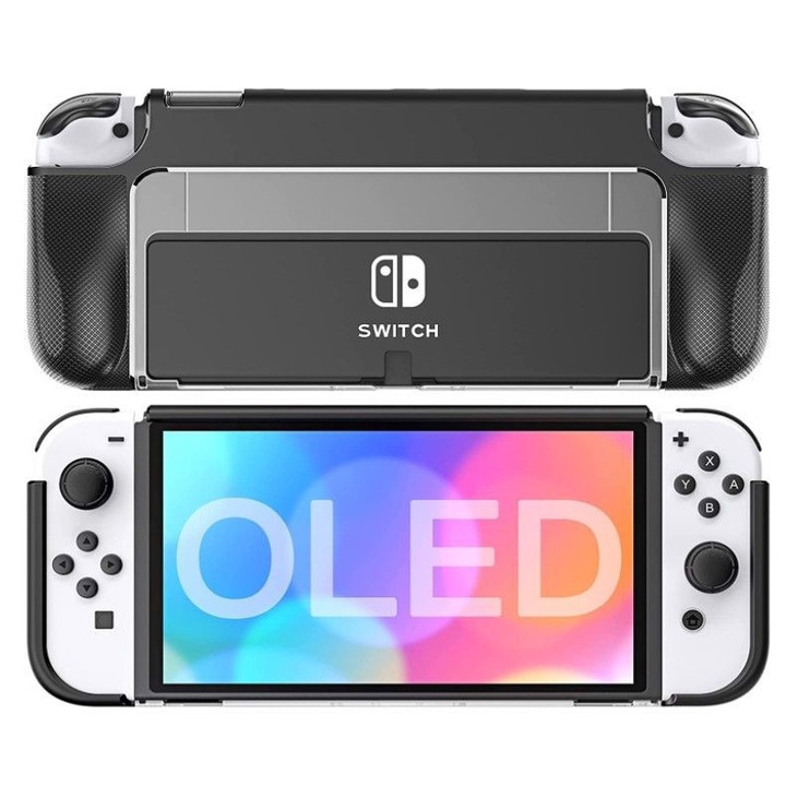 Nintendo Switch OLED 2021 tok, HEYSTOP, 360 fokos védelem, TPU anyag, fekete, 6 db-os színes gombvédő szett