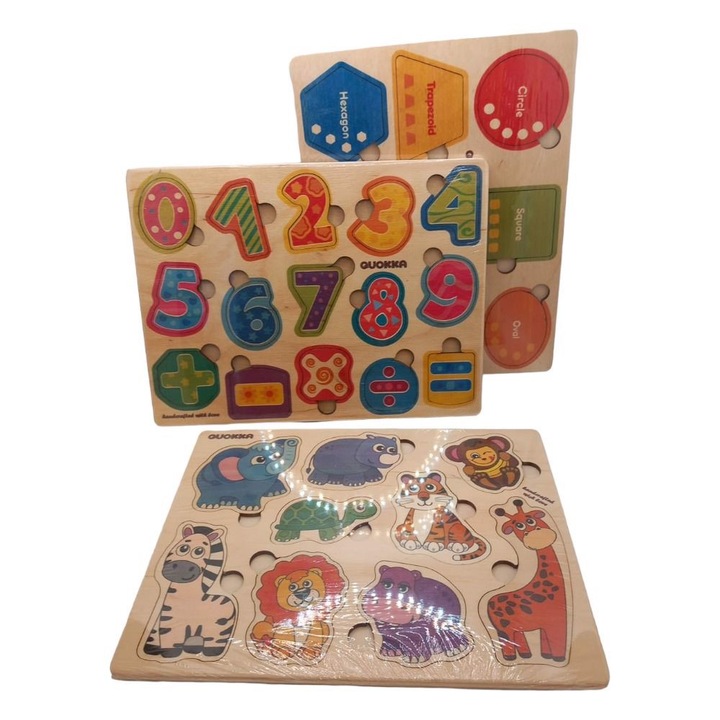 Дървен пъзел Куока, комплект от 3 части, 25x17.5x0.5 см, животни, числа