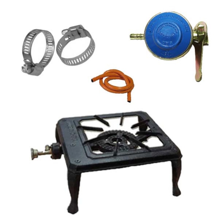 Pachet - Arzator din fonta, 23.5x25cm + 2m furtun pentru gaz + 2 x colier pentru furtun + Ceas pentru butelie