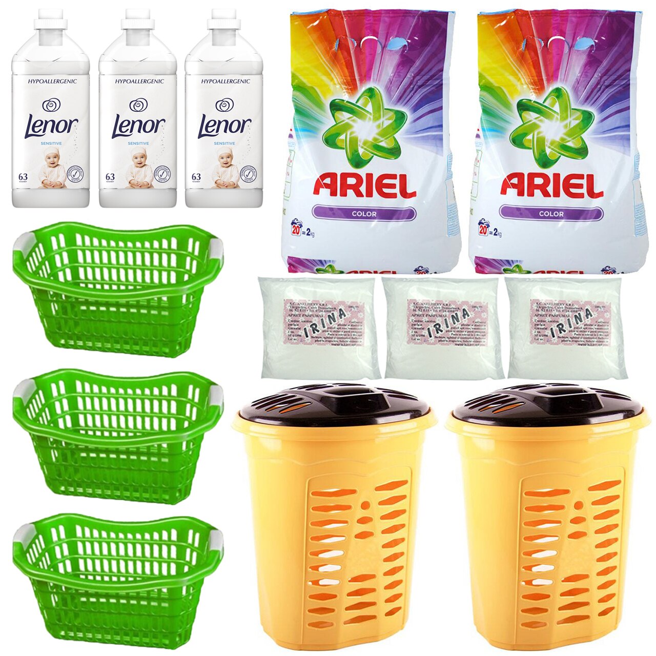 Pachet - 3 x Cos din plastic cu manere pentru rufe, 20L + 2 x Cos de rufe cu capac + 2 x Detergent automat de rufe, Ariel Color, 2Kg + 3 x Balsam de rufe, Lenor Sensitive Hypoallergenic, 1.9L + 3 x Apret praf, 150g