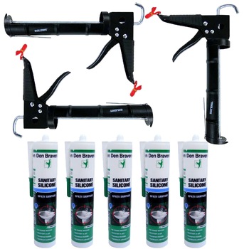 Pachet - 3 x Pistol pentru tub de silicon, Negru + 5 x Den Braven silicon sanitar transparent, 270ml Pachet - 3 x Pistol pentru tub de silicon, Negru + 5 x Den Braven silicon sanitar transparent, 270ml