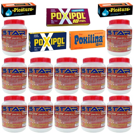 Pachet - 12 x Star Aracet pentru lemn, 400g + Poxipol gri, 14ml + Poxipol transparent, 14ml + Poxilina, 70g + 2 x Picatura lipici lichid, 2ml
