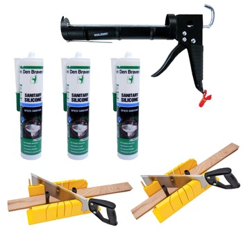 Pachet - 2 x Dispozitiv de taiere in unghi + Pistol negru pentru silicon + 3 x Den Braven silicon sanitar transparent, 270ml Pachet - 2 x Dispozitiv de taiere in unghi + Pistol negru pentru silicon + 3 x Den Braven silicon sanitar transparent, 270ml