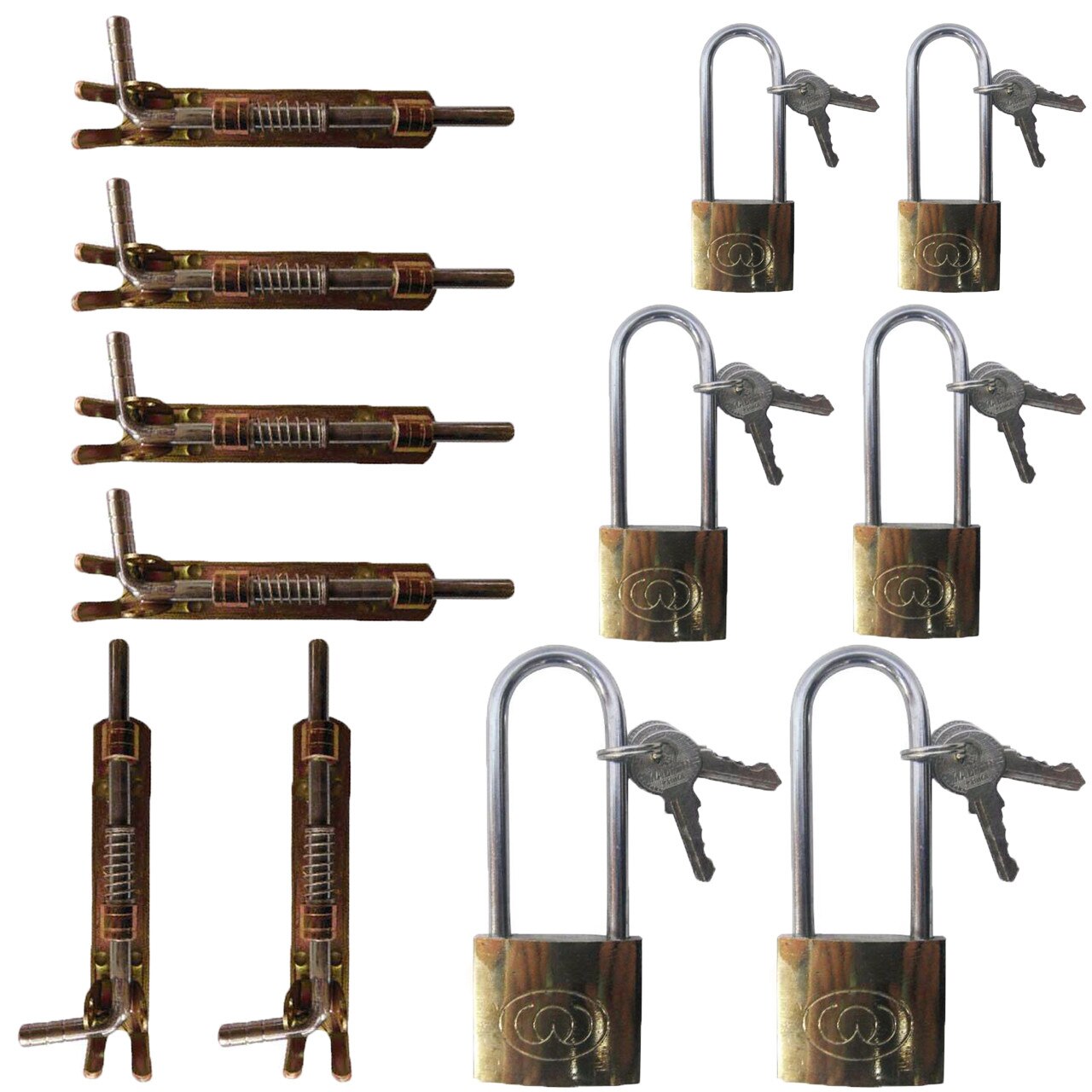 Pachet - 6 x Zavor din fier cu arc + 2 x Lacat auriu cu tija lunga si 3 chei, 38mm + 2 x Lacat auriu cu tija lunga si 3 chei, 50mm + 2 x Lacat auriu cu tija lunga si 3 chei, 63mm