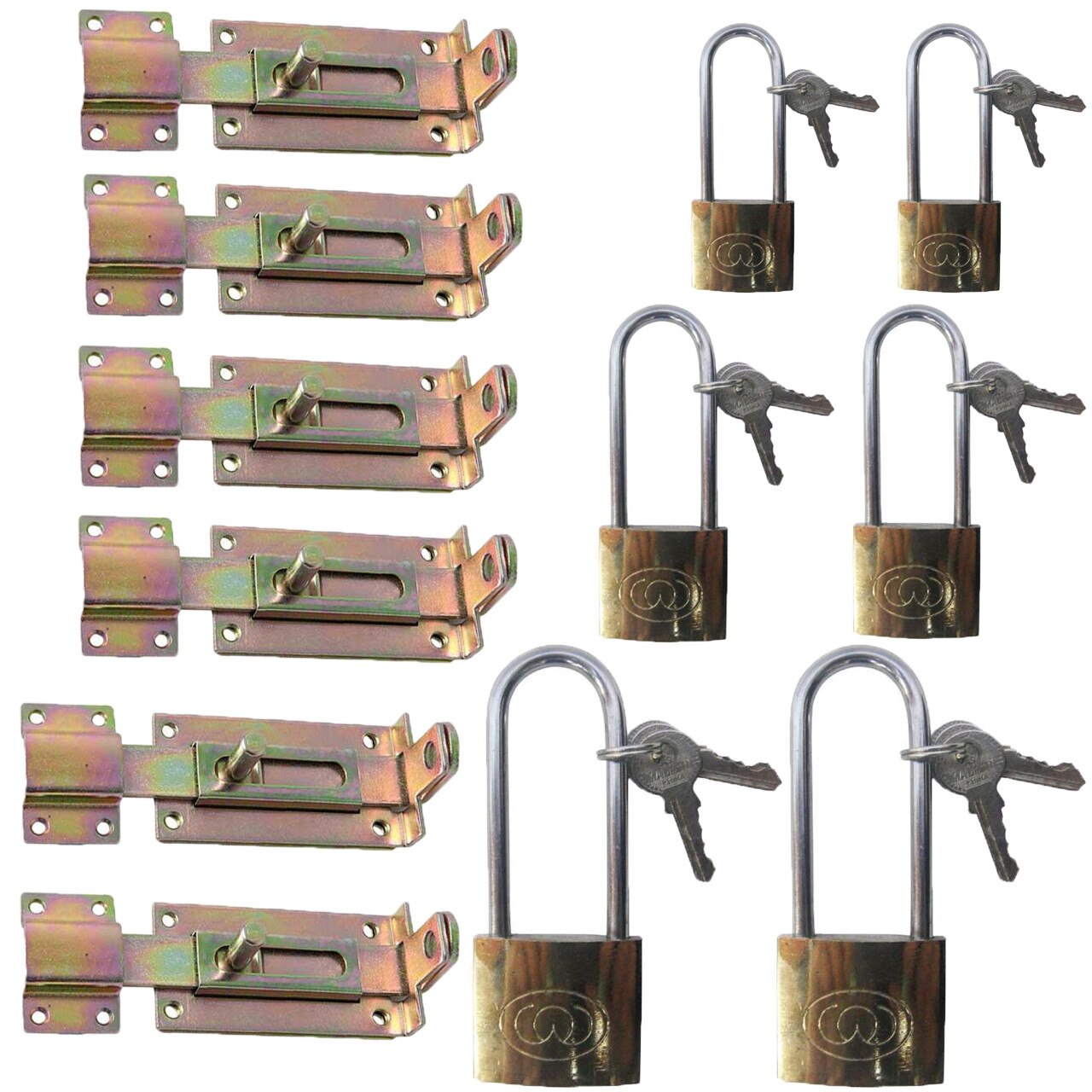 Pachet - 6 x Zavor plat din metal, 14cm + 2 x Lacat auriu cu tija lunga si 3 chei, 38mm + 2 x Lacat auriu cu tija lunga si 3 chei, 50mm + 2 x Lacat auriu cu tija lunga si 3 chei, 63mm