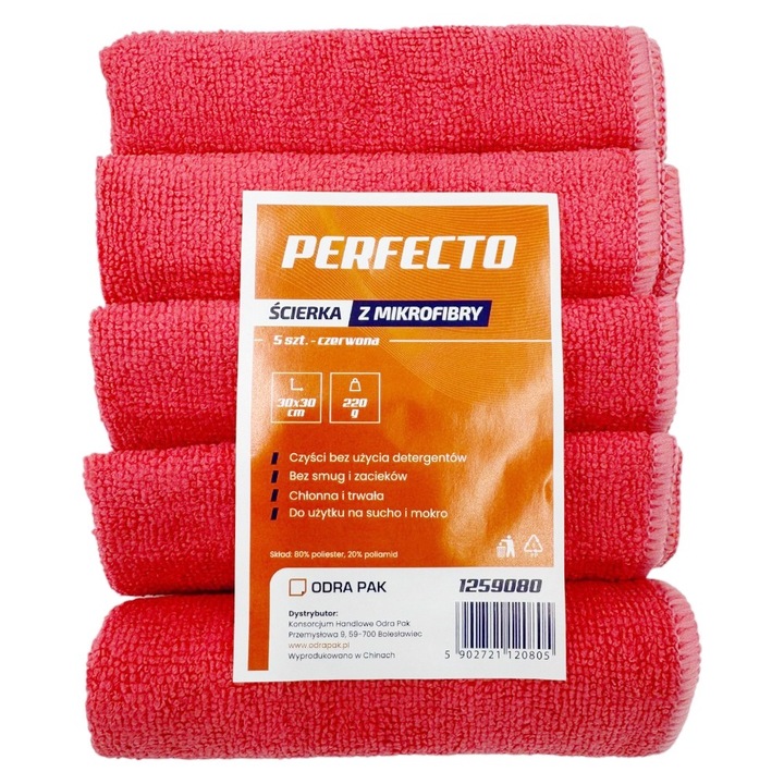 Lavete microfibra set 5 bucati 30x30cm rosu ODRA PAK