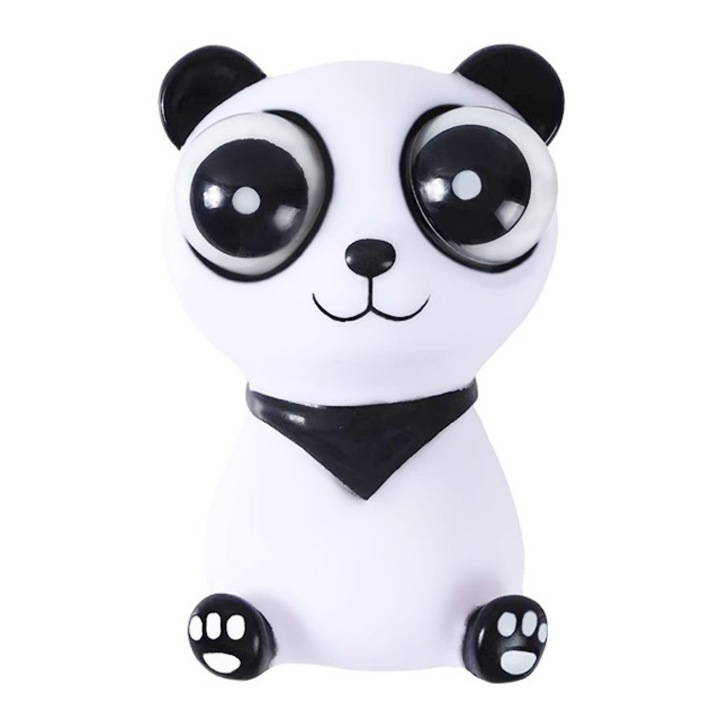 Stresszoldó játék panda robbanó szemekkel, PVC, 10,5x7,5cm, Fehér/Fekete