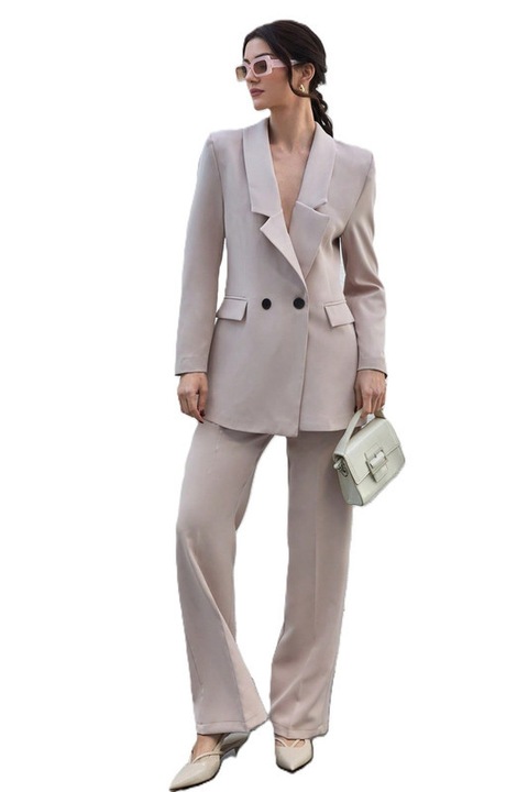 Costum Dama, Elegant, Sacou & Pantaloni, Crem