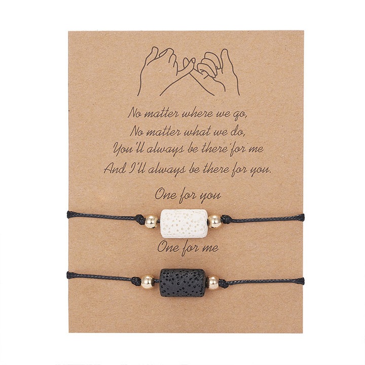 Set Bratari pentru Cuplu, Garsonal®, Piatra Volcanica Neagra si Alba, Ajustabil, Fara Inchidere, creata manual, Ideal ca suvenir de calatorie, 14-20cm, Alb/Negru