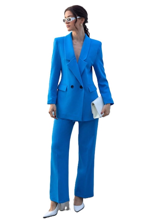 Costum Dama, Elegant, Sacou & Pantaloni, Albastru