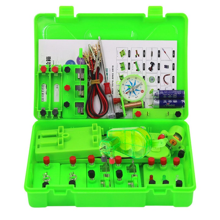 Комплект за обучение по електрически вериги, 15 експеримента, 59 части, електромагнетизъм, зелен, за 8-годишни