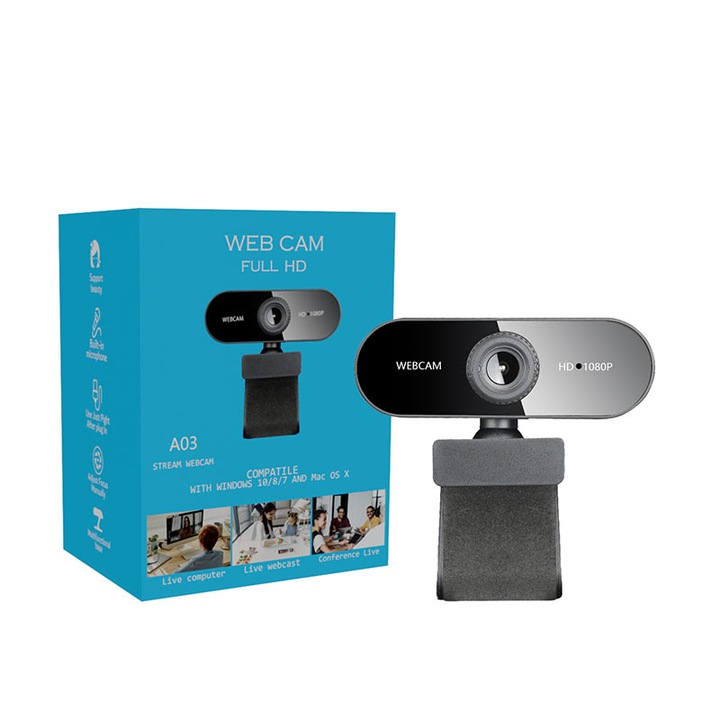 Уеб камера, 1080P, вграден микрофон, черна, USB 2.0, комплект 1 уеб камера + 1 ръководство за потребителя