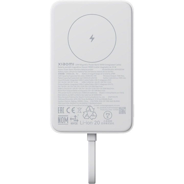 Xiaomi 33W Magnetic Power Bank, Mágneseses külső akkumulátor 10000mAh (Integrált kábel) Fehér / BHR9822GL