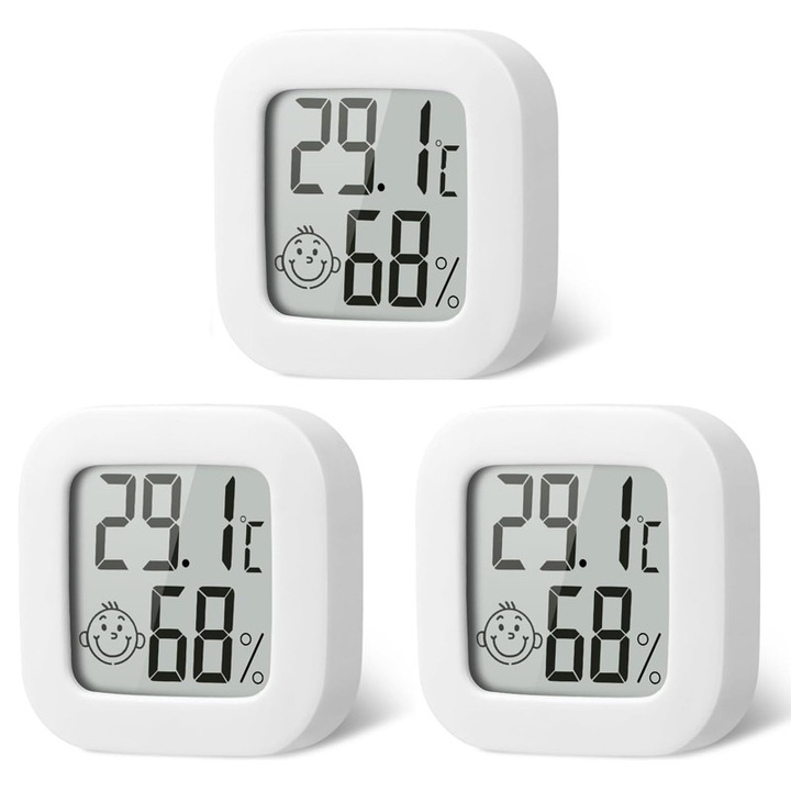 Цифров термометър Rqiurpn, комплект от 3, измерване на температура -10C~70C, влажност 10%-99%, 4.3x4.3x1.3 см, бял