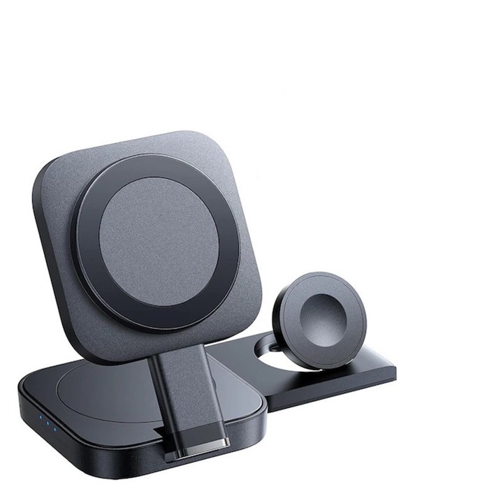 Сгъваемо безжично зарядно устройство 3 в 1, Rqiurpn, едновременно зареждане на 3 устройства, преносимо, технология MagSafe, предпазва батерията, регулируемо, многопортово безжично зарядно, съвместимо с iPhone, Apple Watch, AirPods, черно