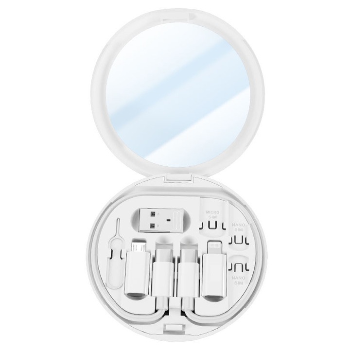 Set cabluri de date, Rqiurpn, Multifunctional, Organizator cabluri, Incarcare rapida 60W, Suport de telefon cu adaptor compatibil cu USB, Type-C, Lightning, Micro-USB, Portabil, Alb