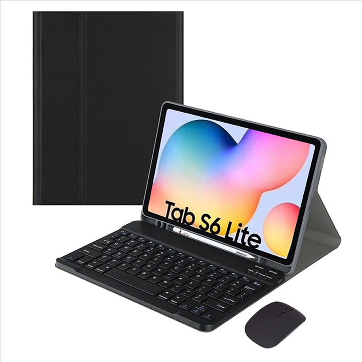 Husa tableta, Rqiurpn, Pentru Samsung Galaxy Tab S6 Lite 10.4", Cu suport pentru pix, Tastatura etasabila, Fara fir Bluetooth mouse, Negru