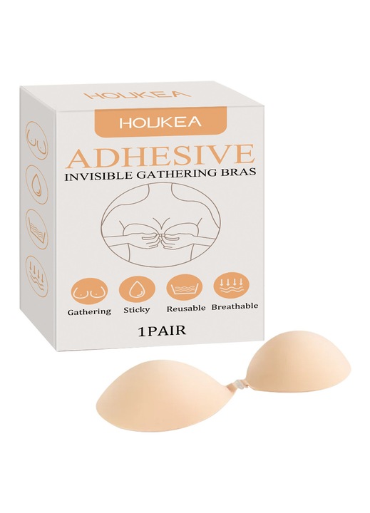 láthatatlan melltartó öntapadó szilikonnal, Push-Up effektus, Láthatatlan, kényelmes, összegyűjtő, alakítja a mellkasi görbéket, pánt nélküli, újrafelhasználható, univerzális méret, bézs