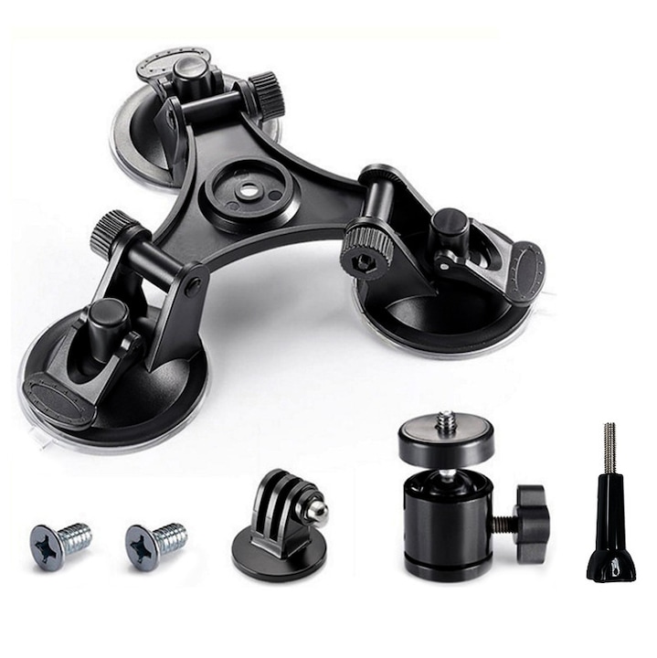 Suport auto cu ventuze triple Rqiurpn, sistem cu cap rotativ 360°, pentru camere GoPro, DJI OSMO, negru