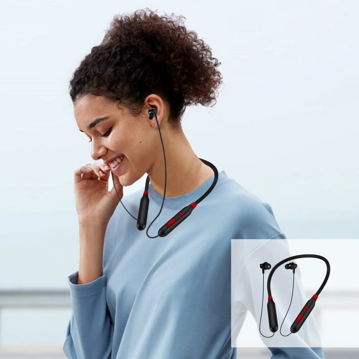 Casti Bluetooth YANYXR neckband rosu 18.5x13.5cm, 40h autonomie, 33g