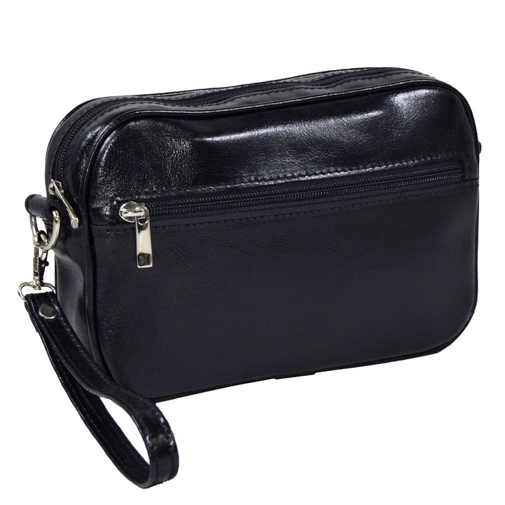 Borseta de mana si umar din piele neagra, MAGAZINULDEGENTI, model 035