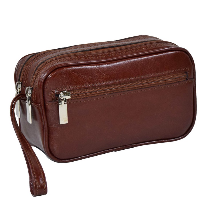 Borseta de mana piele maro coniac, MAGAZINULDEGENTI, model 013