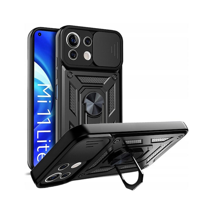 Xiaomi Mi 11 Lite 4G / 5G / 11 Lite 5G NE kompatibilis hátlap tok, telefon tok, kitámasztható, mágneses, ütésálló, fekete, Defender Slide
