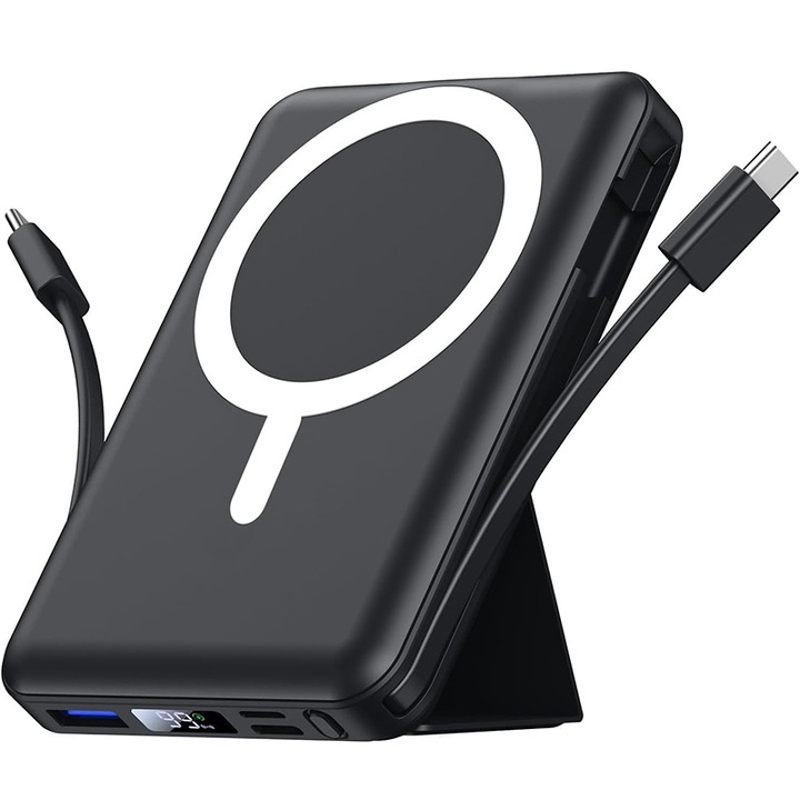 Външна батерия Rqiurpn, 10000mAh, Магнитна безжична връзка, Бързо зареждане PD 22.5W, 2 вградени кабела, Стойка, LED дисплей, Съвместима с iPhone 15/14/13/12/Pro/Mini/Pro Max