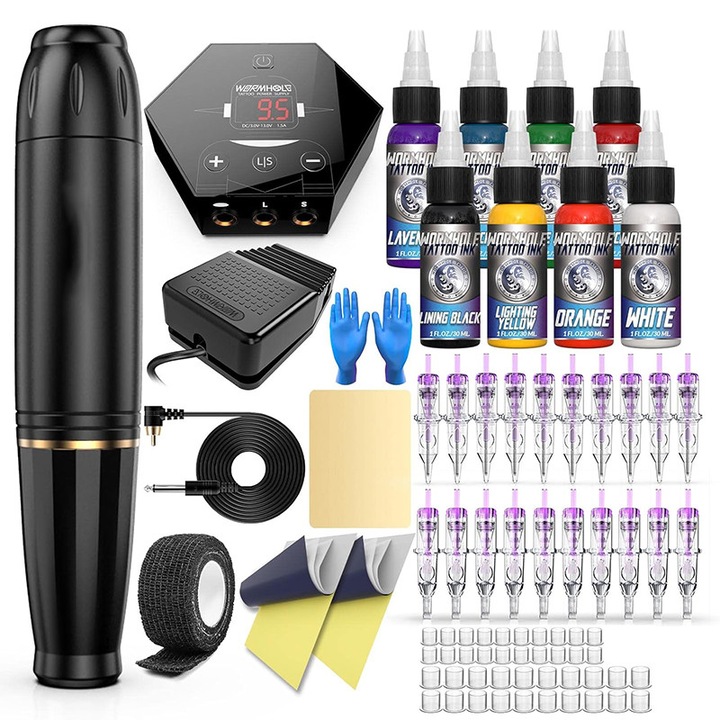 Комплект за татуировки тип „червеева дупка“, алуминиева ротационна писалка, аксесоари, многоцветни