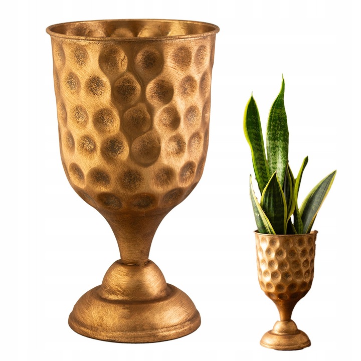 Ghiveci metalic inalt ViviArt, forma de cupa, aurie, 15.5x28cm