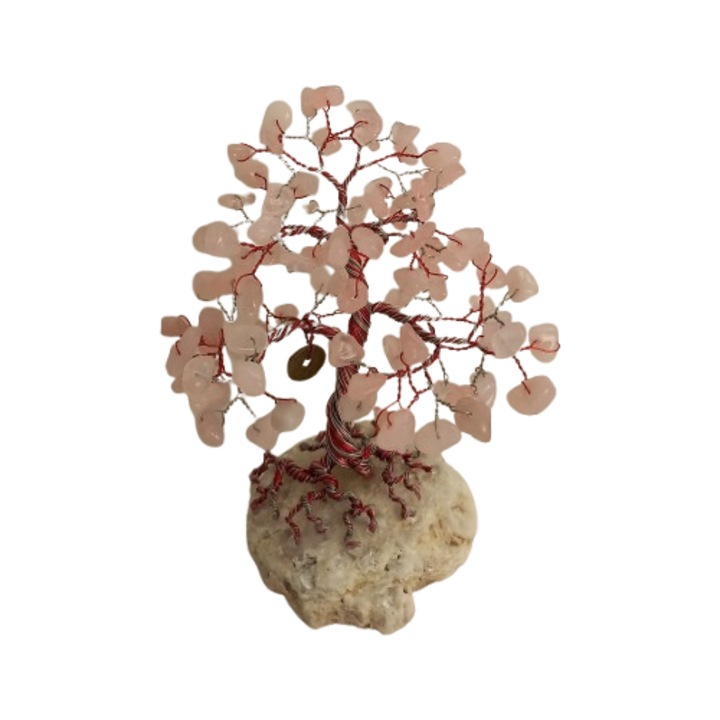 Kézzel készített fa féldrágakőből, rózsakvarc kövekből, szerencsepénzzel, 11 cm