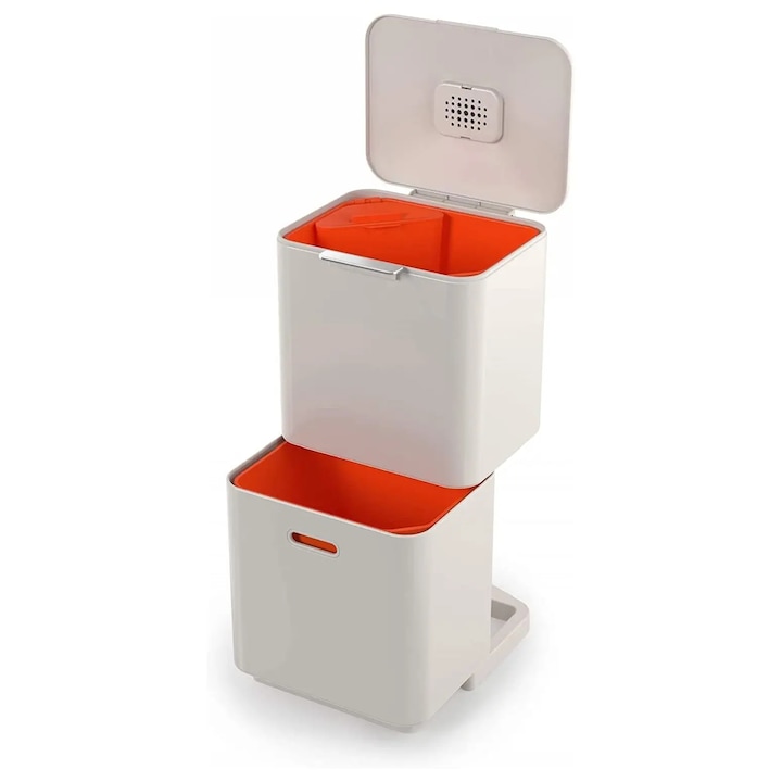 Cos de gunoi Joseph Joseph, capacitate 2x30 litri, 2 compartimente, filtru de carbune activ, reduce mirosurile si um iditatea, compartiment resturi menajere 3 litri, design modern, corp din otel inoxidabil, crem