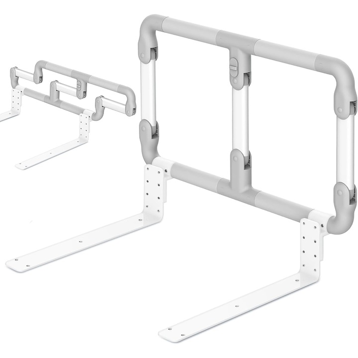 Balustrada de pat pentru varstnici, WALALLA, reglare pe inaltime pe trei niveluri, pliere cu un singur buton, stabila si usor de instalat, convenabila pentru urcarea si coborarea din pat, usor de asamblat si depozitat, gri