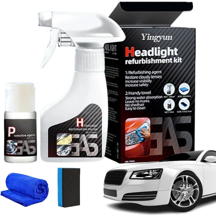 Kit restaurare faruri auto, polish faruri matuite 180 ml, solutie protectie 10 ml, cu bureti si lavete de curatat